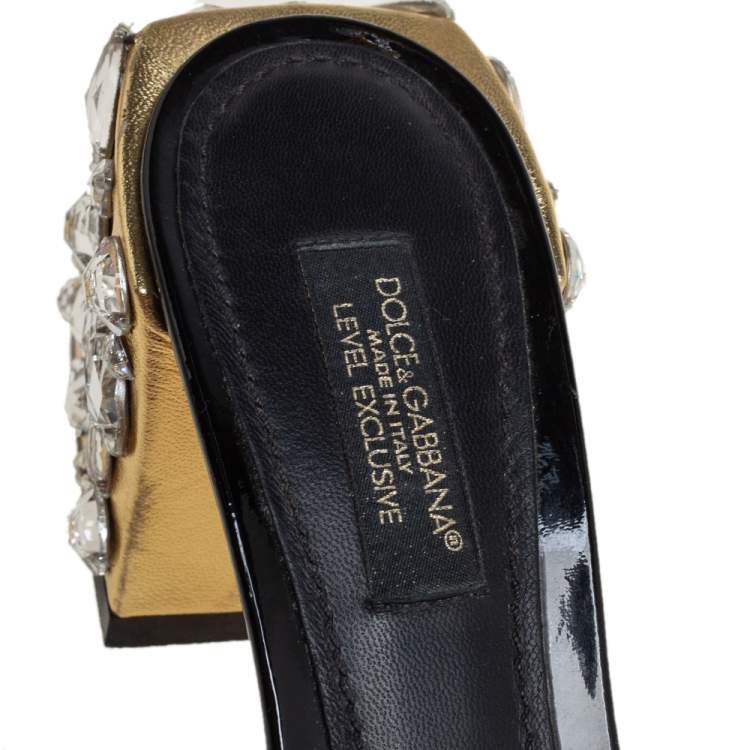 Pre Owned Dolce & Gabbana Black Patent Leather Crystal Embellishment Block Heel Mules Size 36