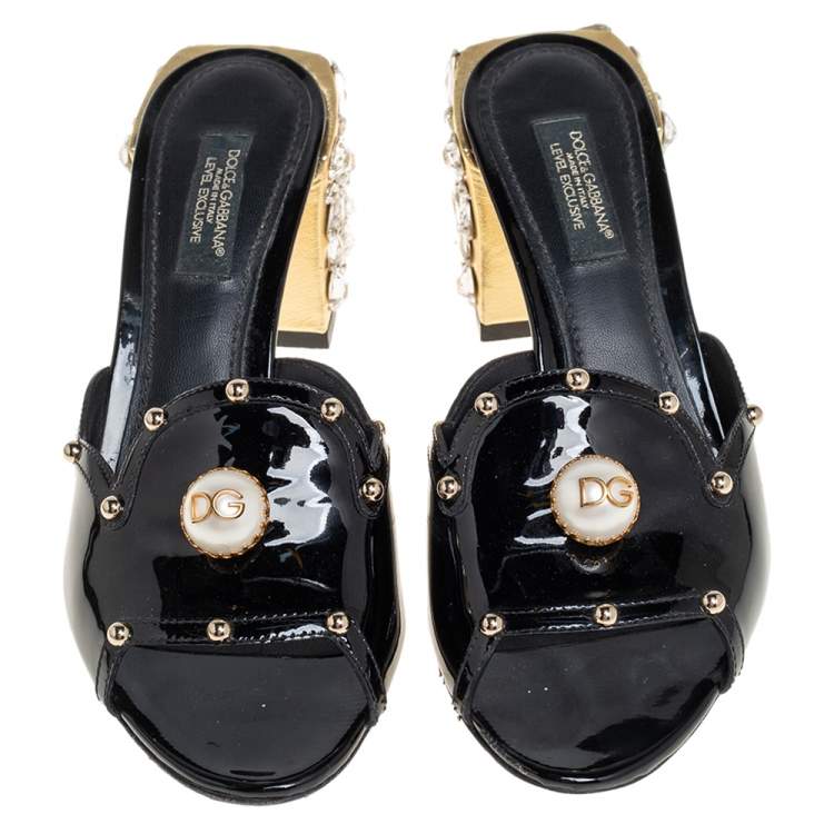 Pre Owned Dolce & Gabbana Black Patent Leather Crystal Embellishment Block Heel Mules Size 36