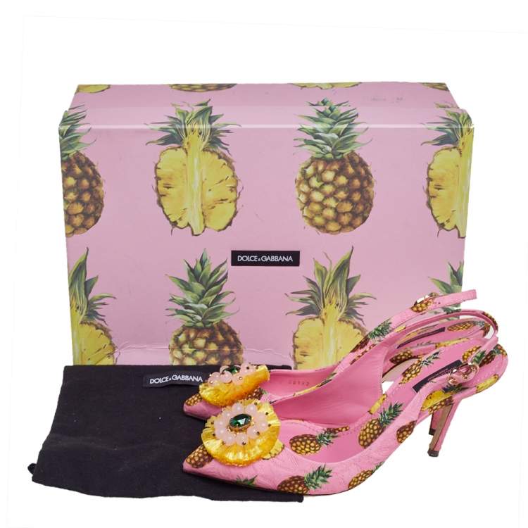 Pre Owned Dolce & Gabbana Pink Pineapple Print Fabric Embellished Slingback Sandals Size 40.5