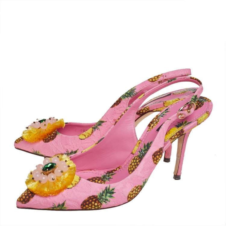 Pre Owned Dolce & Gabbana Pink Pineapple Print Fabric Embellished Slingback Sandals Size 40.5