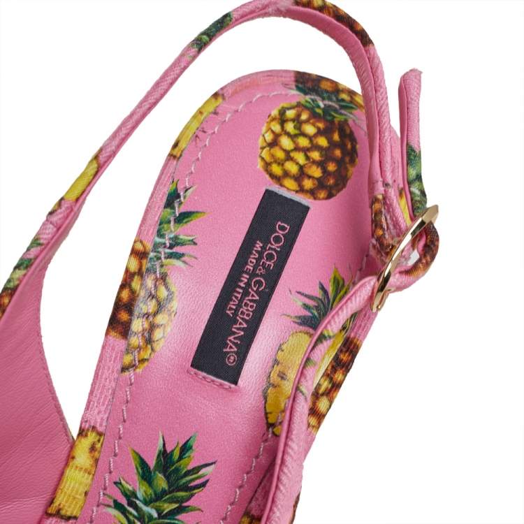 Pre Owned Dolce & Gabbana Pink Pineapple Print Fabric Embellished Slingback Sandals Size 40.5