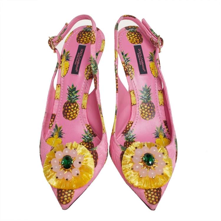 Pre Owned Dolce & Gabbana Pink Pineapple Print Fabric Embellished Slingback Sandals Size 40.5
