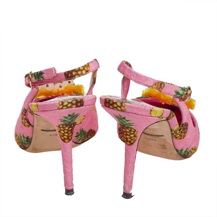 Pre Owned Dolce & Gabbana Pink Pineapple Print Fabric Embellished Slingback Sandals Size 40.5