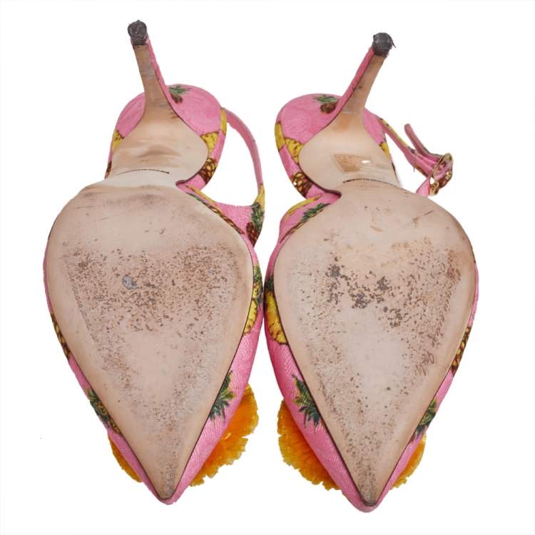 Pre Owned Dolce & Gabbana Pink Pineapple Print Fabric Embellished Slingback Sandals Size 40.5