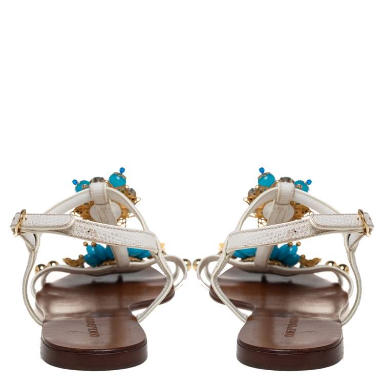 Pre Owned Dolce & Gabbana White Leather Flower Embellished Sandals Size 41
