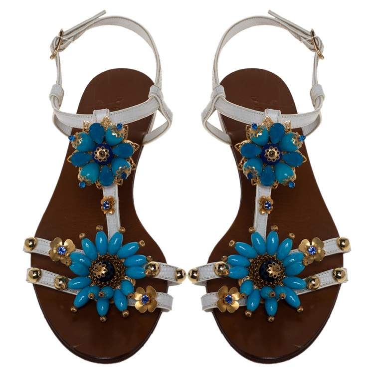 Pre Owned Dolce & Gabbana White Leather Flower Embellished Sandals Size 41