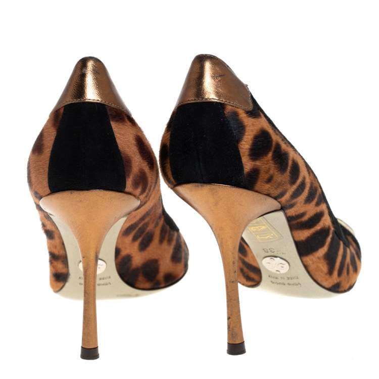 Pre Owned Dolce & Gabbana Multicolor Pony Hair And Suede Open Toe Pumps Size 38