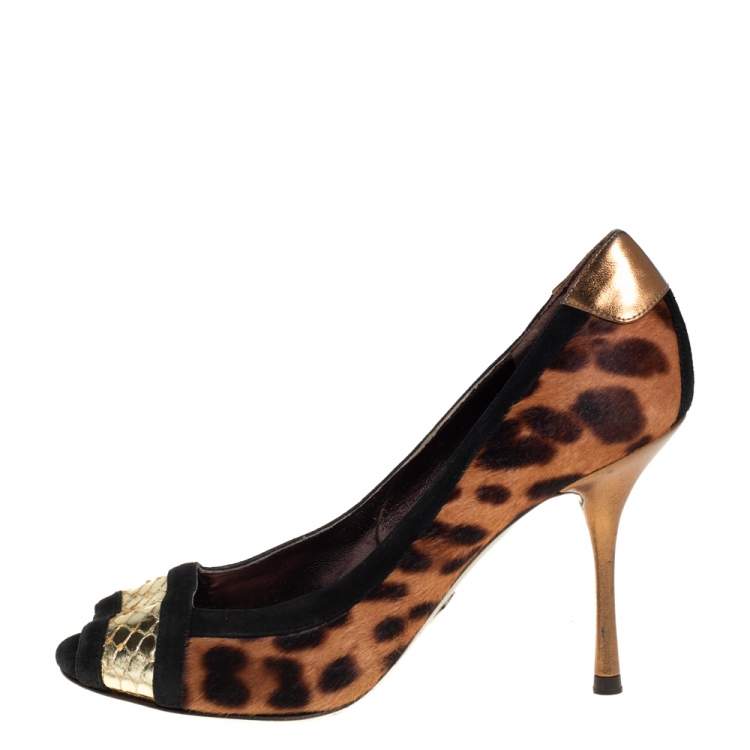 Pre Owned Dolce & Gabbana Multicolor Pony Hair And Suede Open Toe Pumps Size 38