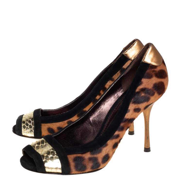 Pre Owned Dolce & Gabbana Multicolor Pony Hair And Suede Open Toe Pumps Size 38