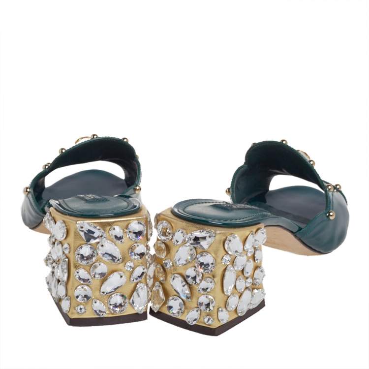 Pre Owned Dolce & Gabbana Green Patent Leather Embellished Slide Sandals Size 36