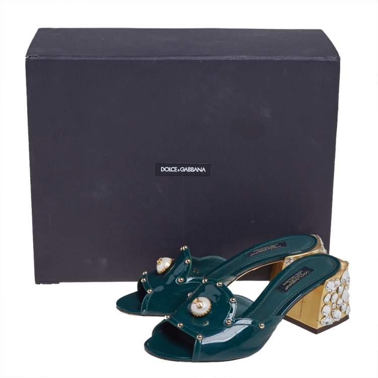 Pre Owned Dolce & Gabbana Green Patent Leather Embellished Slide Sandals Size 36