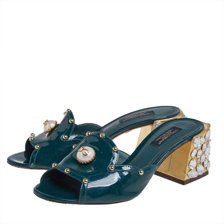 Pre Owned Dolce & Gabbana Green Patent Leather Embellished Slide Sandals Size 36