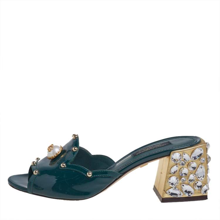 Pre Owned Dolce & Gabbana Green Patent Leather Embellished Slide Sandals Size 36