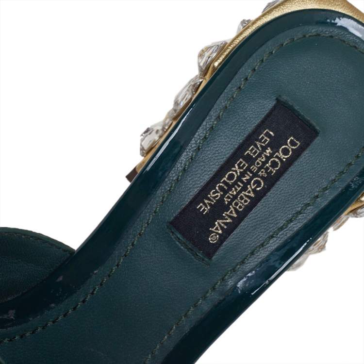 Pre Owned Dolce & Gabbana Green Patent Leather Embellished Slide Sandals Size 36