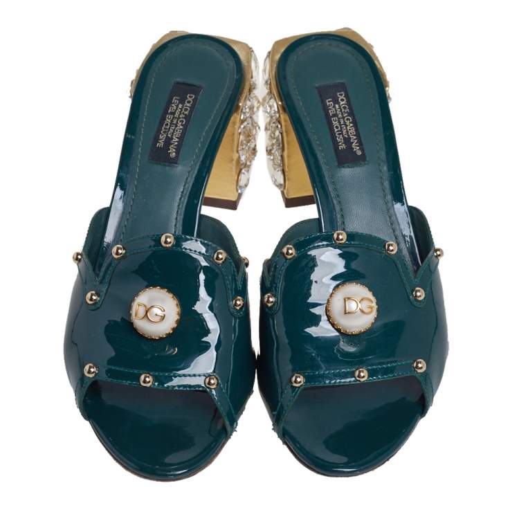 Pre Owned Dolce & Gabbana Green Patent Leather Embellished Slide Sandals Size 36