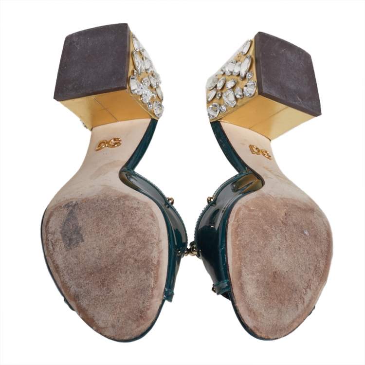 Pre Owned Dolce & Gabbana Green Patent Leather Embellished Slide Sandals Size 36