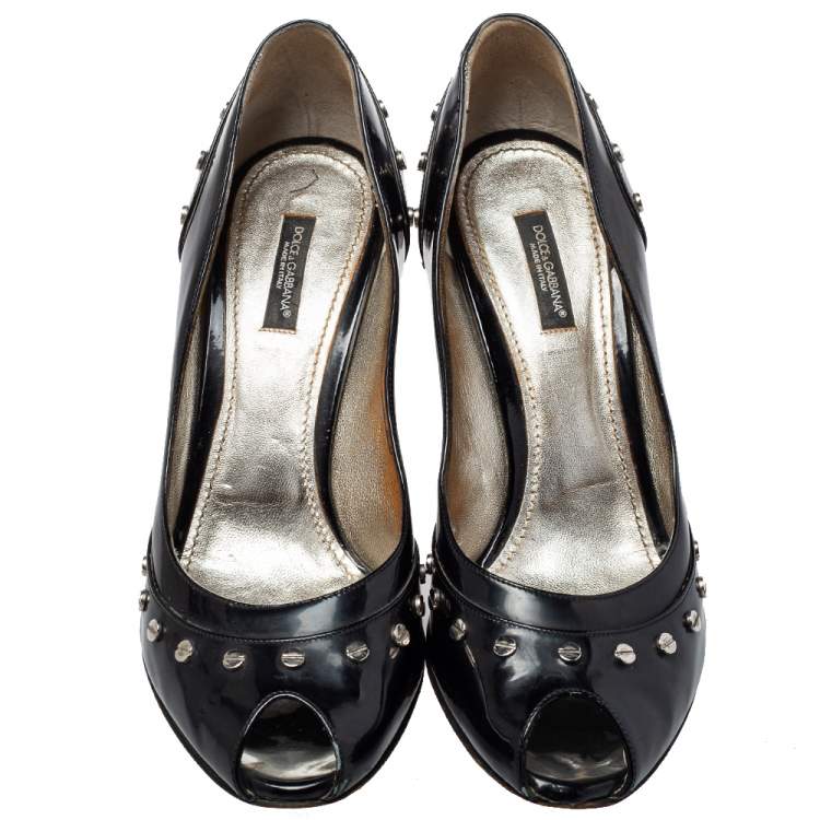 Pre Owned Dolce & Gabbana Black Patent Leather Studded Pumps Size 39.5