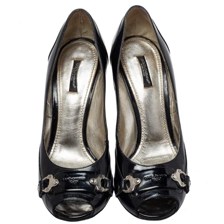 مملوكة مسبقًا Dolce & Gabbana Black Patent Leather Buckle Peep Toe Pumps Size 40