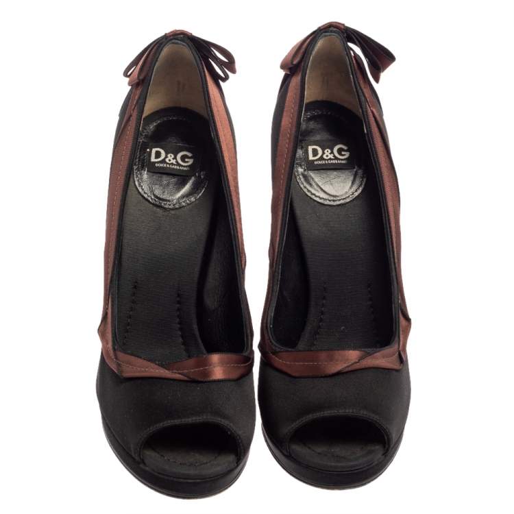 Pre Owned Dolce & Gabbana Black/Brown Satin Peep Toe Pumps Size 39.5