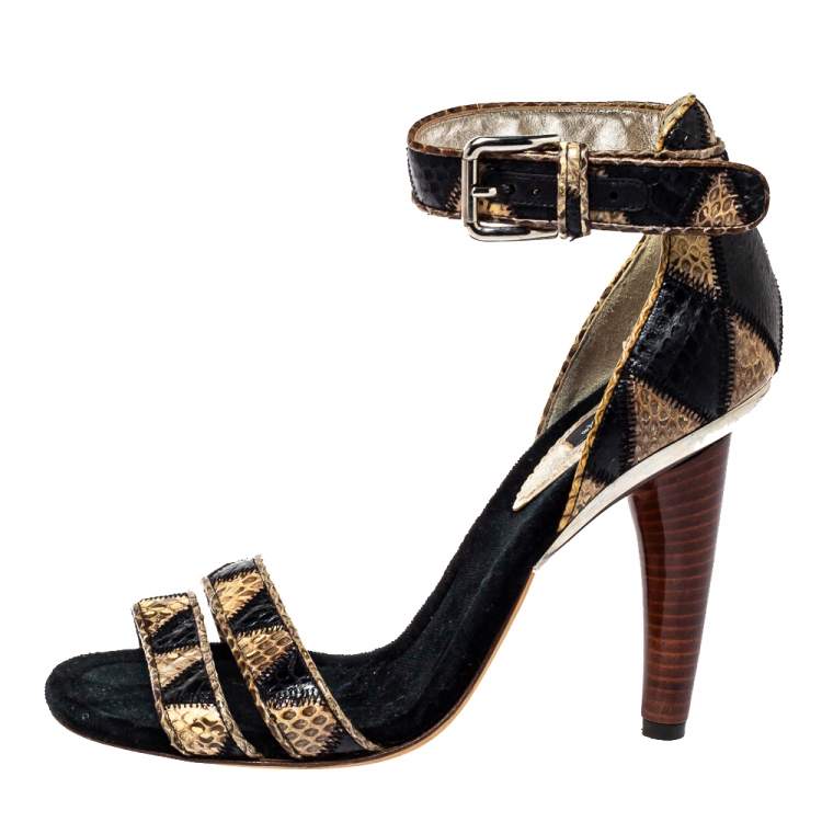 Pre Owned Dolce & Gabbana Black/Beige Python Ankle Strap Sandals Size 39