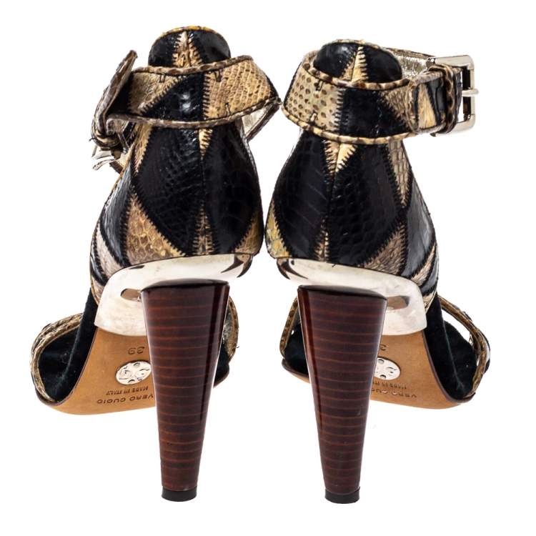 Pre Owned Dolce & Gabbana Black/Beige Python Ankle Strap Sandals Size 39