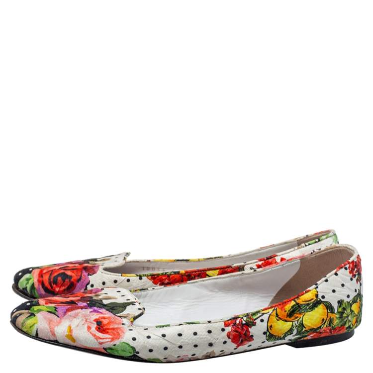 Pre Owned Dolce and Gabbana White Floral Print Fabric Loafers Size 40