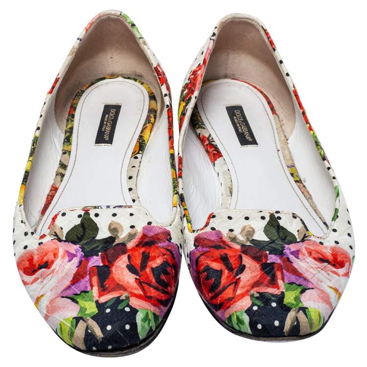 Pre Owned Dolce and Gabbana White Floral Print Fabric Loafers Size 40