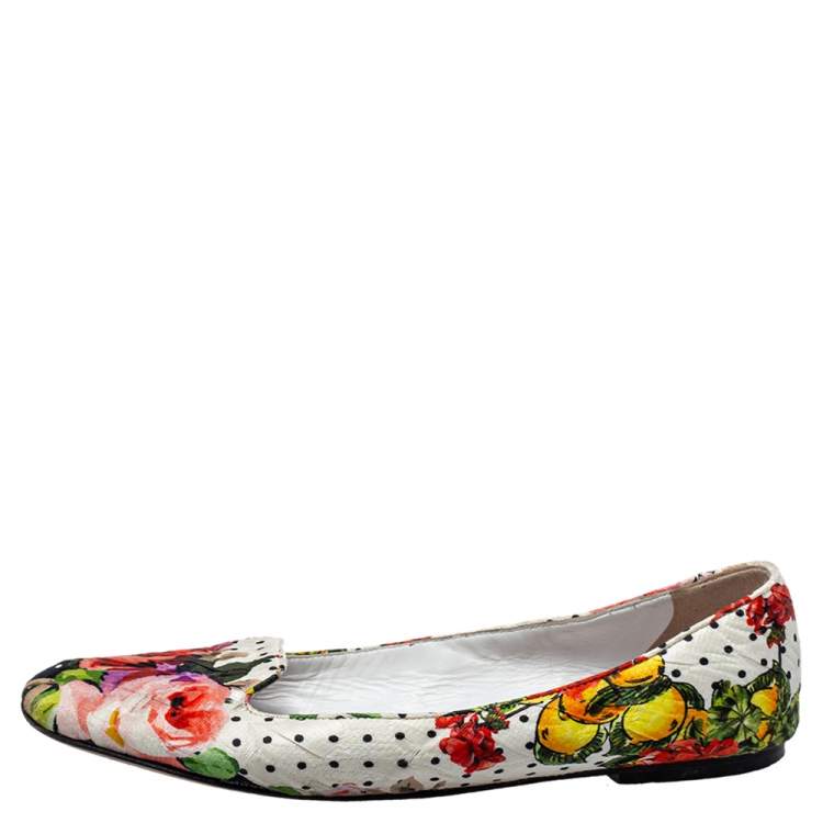 Pre Owned Dolce and Gabbana White Floral Print Fabric Loafers Size 40