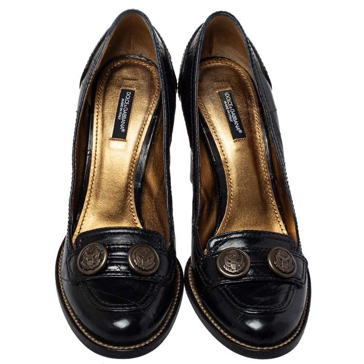 Pre Owned Dolce & Gabbana Black Leather Slip On Loafer Pumps Size 38.5