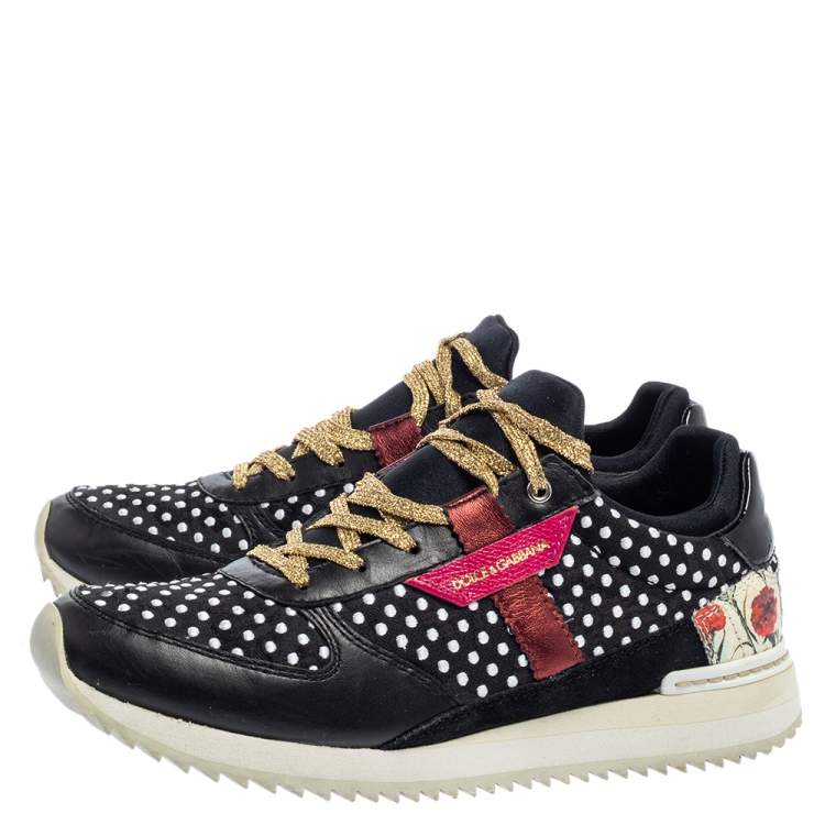 Pre Owned Dolce & Gabbana Multicolor Leather, Fabric And Suede Polka Dot Sneakers Size 37.5