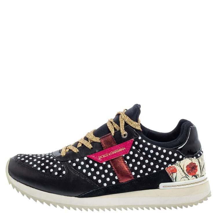 Pre Owned Dolce & Gabbana Multicolor Leather, Fabric And Suede Polka Dot Sneakers Size 37.5