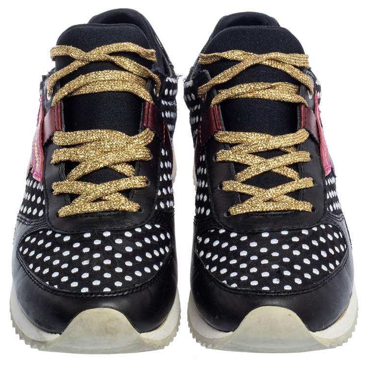 Pre Owned Dolce & Gabbana Multicolor Leather, Fabric And Suede Polka Dot Sneakers Size 37.5