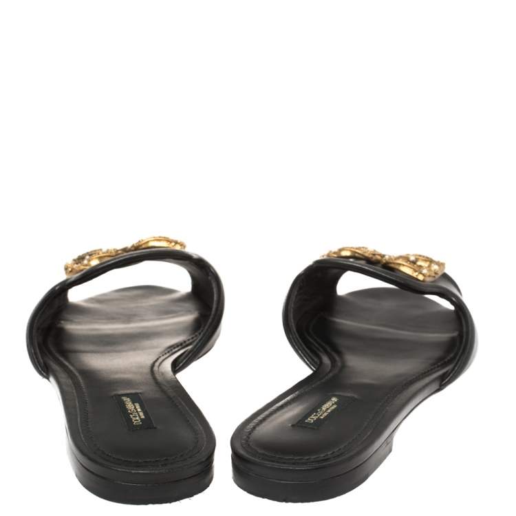 Pre Owned Dolce & Gabbana Black Leather DG Amore Flat Sandals Size 40