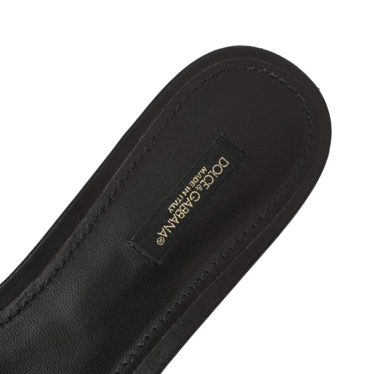 Pre Owned Dolce & Gabbana Black Leather DG Amore Flat Sandals Size 40