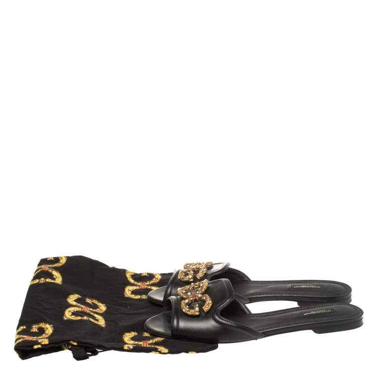 Pre Owned Dolce & Gabbana Black Leather DG Amore Flat Sandals Size 40