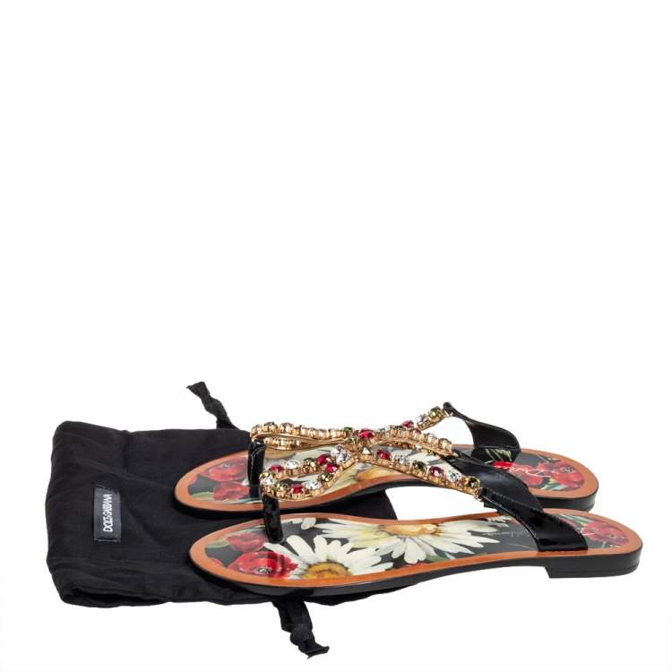 Pre Owned Dolce & Gabbana Multicolor Patent Leather Crystal Embellished Thong Slides Size 37
