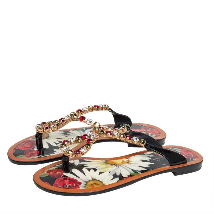 Pre Owned Dolce & Gabbana Multicolor Patent Leather Crystal Embellished Thong Slides Size 37