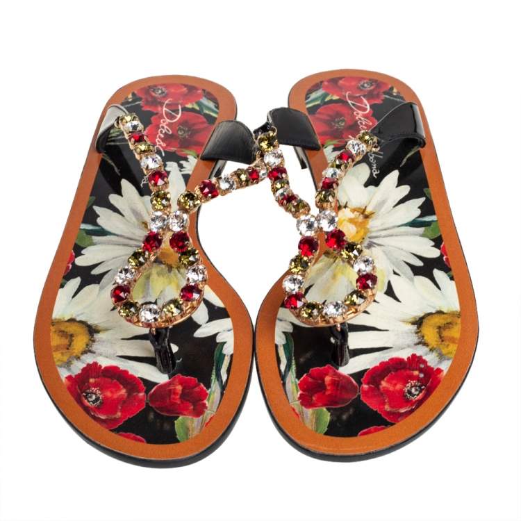 Pre Owned Dolce & Gabbana Multicolor Patent Leather Crystal Embellished Thong Slides Size 37