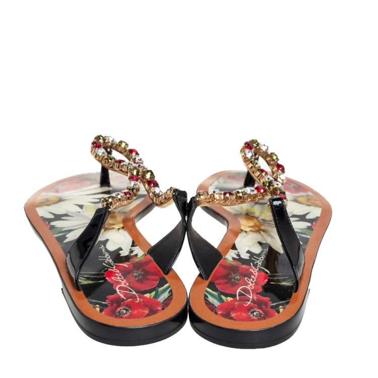 Pre Owned Dolce & Gabbana Multicolor Patent Leather Crystal Embellished Thong Slides Size 37