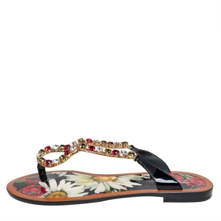 Pre Owned Dolce & Gabbana Multicolor Patent Leather Crystal Embellished Thong Slides Size 37