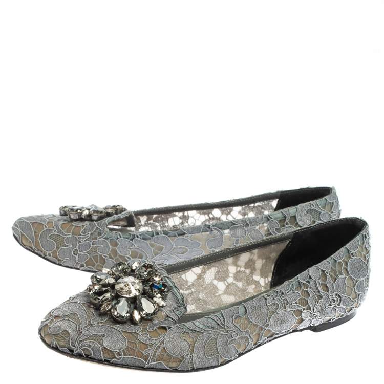 Pre Owned Dolce & Gabbana Grey Lace Crystal Embellished Taormina Ballet Flats Size 39.5