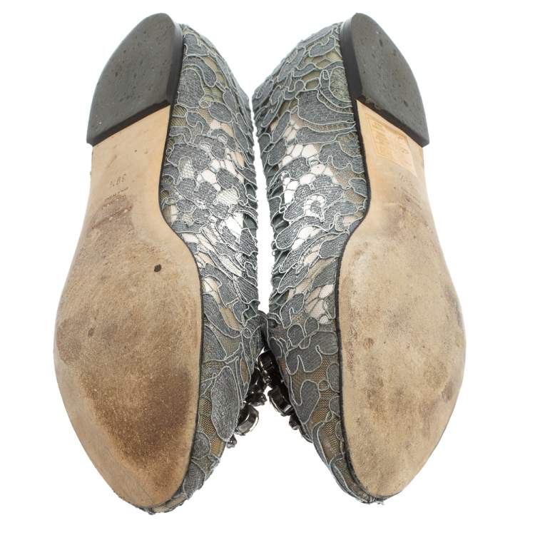 Pre Owned Dolce & Gabbana Grey Lace Crystal Embellished Taormina Ballet Flats Size 39.5