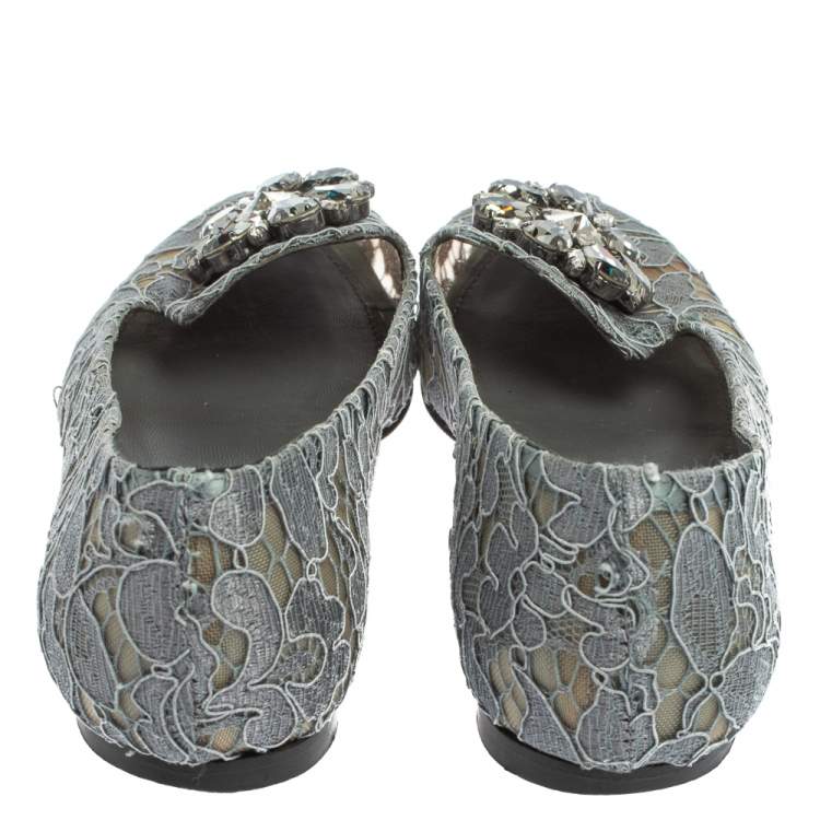Pre Owned Dolce & Gabbana Grey Lace Crystal Embellished Taormina Ballet Flats Size 39.5