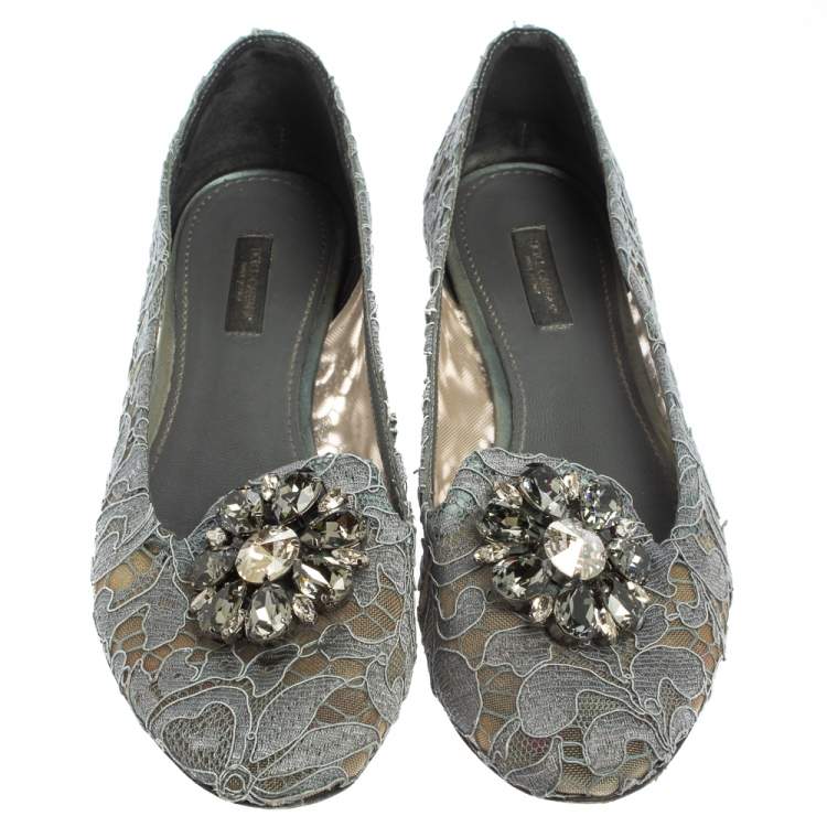 Pre Owned Dolce & Gabbana Grey Lace Crystal Embellished Taormina Ballet Flats Size 39.5