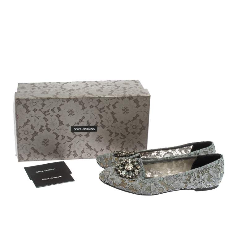 Pre Owned Dolce & Gabbana Grey Lace Crystal Embellished Taormina Ballet Flats Size 39.5
