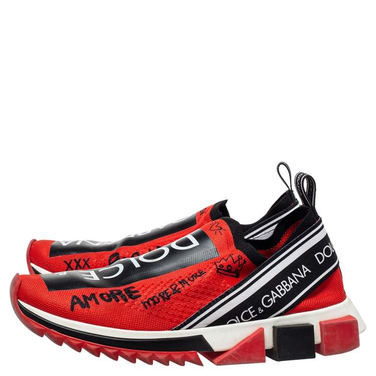 Pre Owned Dolce & Gabbana Red Fabric Graffiti Logo Sorrento Slip On Sneaker Size 40