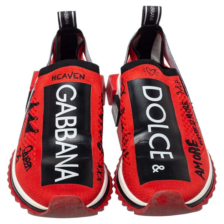 Pre Owned Dolce & Gabbana Red Fabric Graffiti Logo Sorrento Slip On Sneaker Size 40