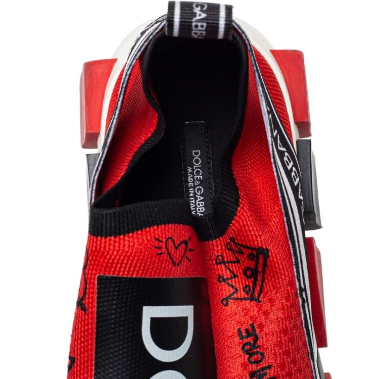 Pre Owned Dolce & Gabbana Red Fabric Graffiti Logo Sorrento Slip On Sneaker Size 40