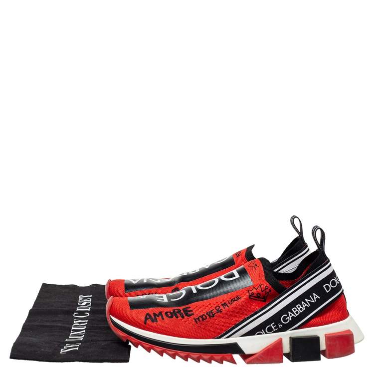 Pre Owned Dolce & Gabbana Red Fabric Graffiti Logo Sorrento Slip On Sneaker Size 40