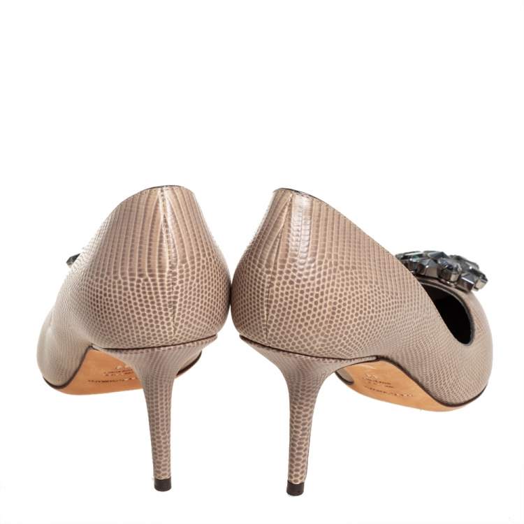 Pre Owned Dolce & Gabbana Beige Lizard Embossed Leather Bellucci Crystal Embellished Pumps Size 39